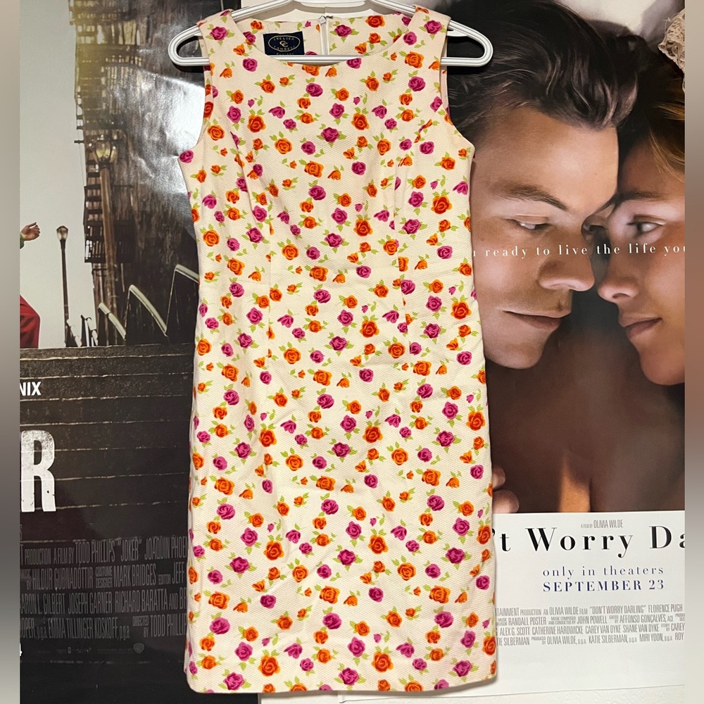 Sleeveless Floral Shift Dress - Pink & Orange on Cream